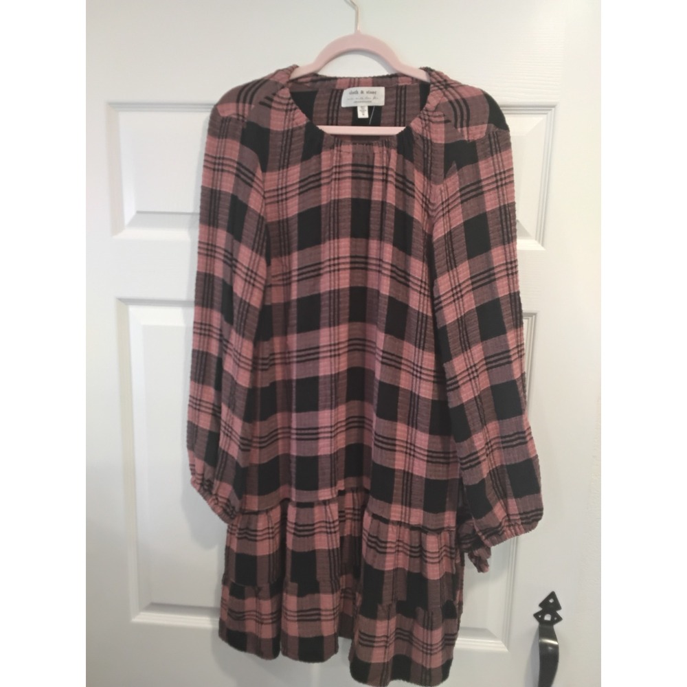 Cloth & Stone Anthropologie Plaid Babydoll Mini Dress Pink Black Medium